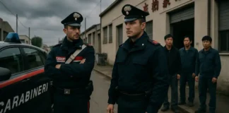 Китайская мафия в Италии: текстильные войны, дешёвая мода и мафиозный контроль в Прато Китайская мафия в Прато мафиозная война за дешёвую моду в Италии улицы Прато, полицейские машины, текстильный склад, азиатские рабочие на фоне, криминальная атмосфера