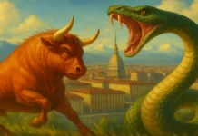 Легенда Красного Быка Турина: дракон, базилиск и история города Красный Бык Турина на фоне Mole Antonelliana фотореалистичный вид Турина с Mole Antonelliana, на переднем плане красный бык, сражающийся с драконом, дневной свет, стиль сказочной иллюстрации