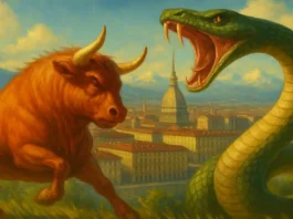 Красный Бык Турина на фоне Mole Antonelliana фотореалистичный вид Турина с Mole Antonelliana, на переднем плане красный бык, сражающийся с драконом, дневной свет, стиль сказочной иллюстрации