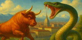 Легенда Красного Быка Турина: дракон, базилиск и история города Красный Бык Турина на фоне Mole Antonelliana фотореалистичный вид Турина с Mole Antonelliana, на переднем плане красный бык, сражающийся с драконом, дневной свет, стиль сказочной иллюстрации