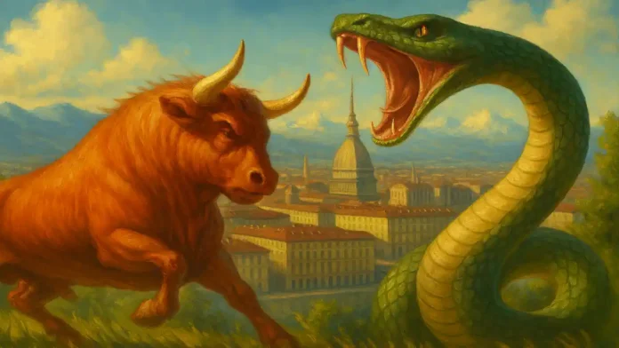 Красный Бык Турина на фоне Mole Antonelliana фотореалистичный вид Турина с Mole Antonelliana, на переднем плане красный бык, сражающийся с драконом, дневной свет, стиль сказочной иллюстрации