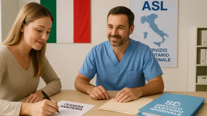 meditsina-ssn-italia-vs-usa Сравнение медицины Италии и США, регистрация в SSN Русскоязычная женщина оформляет tessera sanitaria в офисе ASL в Турине, иллюстрируя разницу между медициной Италии и США.