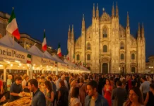Выходные в Милане. Pane in Piazza на Дуомо, живая музыка, кино под звёздами и выезды за город Панорама Piazza Duomo в Милане с павильонами Pane in Piazza и вечерними огнями