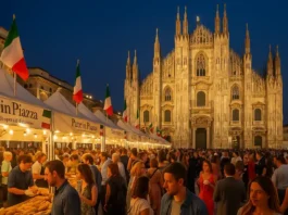 Панорама Piazza Duomo в Милане с павильонами Pane in Piazza и вечерними огнями