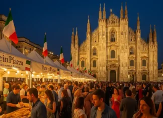 Выходные в Милане. Pane in Piazza на Дуомо, живая музыка, кино под звёздами и выезды за город Панорама Piazza Duomo в Милане с павильонами Pane in Piazza и вечерними огнями