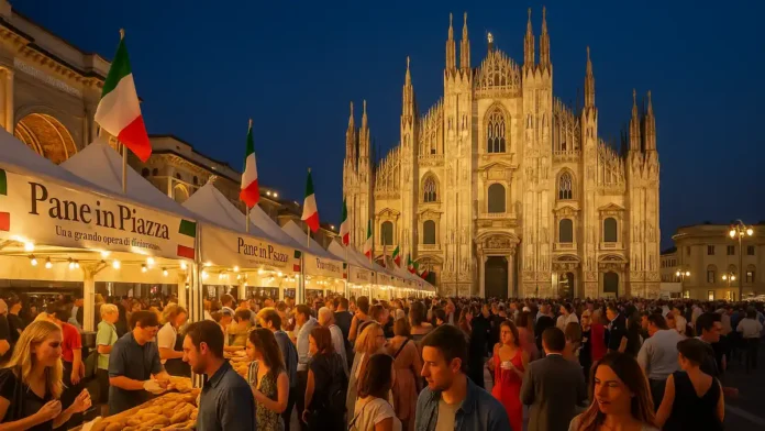 milano-weekend-pane-in-piazza-duomo-aug-2025 Панорама Piazza Duomo в Милане с павильонами Pane in Piazza и вечерними огнями