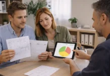 Налог в Пьемонте с 2026 года вырастет: кто заплатит больше и сколько это стоит в месяц Повышение регионального налога в Пьемонте с 2026 года - расчет удержаний Сцена в современном офисе в Италии: специалист объясняет семье расчет удержаний по подоходному налогу, на столе нейтральные документы без читаемых данных, спокойная деловая атмосфера