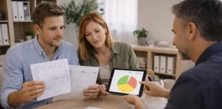 Налог в Пьемонте с 2026 года вырастет: кто заплатит больше и сколько это стоит в месяц Повышение регионального налога в Пьемонте с 2026 года - расчет удержаний Сцена в современном офисе в Италии: специалист объясняет семье расчет удержаний по подоходному налогу, на столе нейтральные документы без читаемых данных, спокойная деловая атмосфера