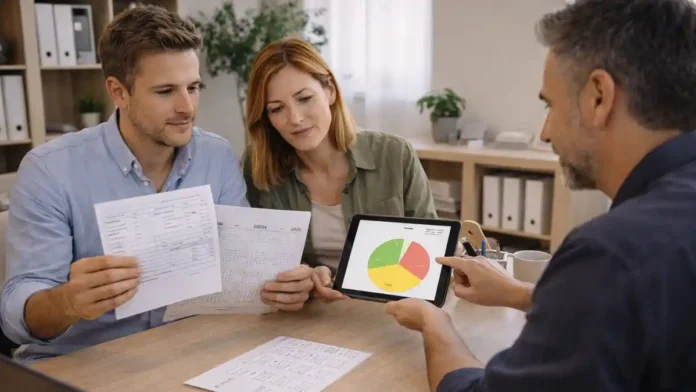 Повышение регионального налога в Пьемонте с 2026 года - расчет удержаний Сцена в современном офисе в Италии: специалист объясняет семье расчет удержаний по подоходному налогу, на столе нейтральные документы без читаемых данных, спокойная деловая атмосфера