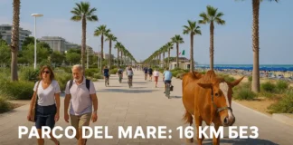 Самый длинный пешеходный променад Европы находится в Италии Вид на новую набережную в Римини с велосипедной дорожкой, зелёными зонами и морем на фоне. Parco del Mare самый длинный променад Европы.