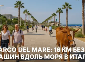 Самый длинный пешеходный променад Европы находится в Италии Вид на новую набережную в Римини с велосипедной дорожкой, зелёными зонами и морем на фоне. Parco del Mare самый длинный променад Европы.