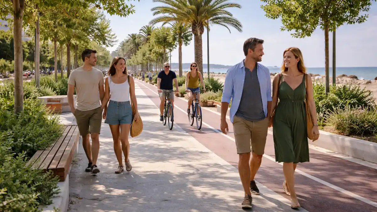 Набережная Римини Parco del Mare: пешеходный променад у Адриатики Современный участок набережной Римини: широкая пешеходная зона, велодорожка, зелень, море на фоне, люди