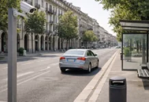 Штрафы за выброс мусора из машины в Италии: камеры, лишение прав и что делать, если пришло уведомление Штраф за выброс мусора из машины в Италии - камера фиксирует номер авто городская сцена в Италии: участок дороги у остановки, видна камера наблюдения, на переднем плане автомобиль без брендов, акцент на тему контроля и чистоты