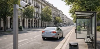 Штрафы за выброс мусора из машины в Италии: камеры, лишение прав и что делать, если пришло уведомление Штраф за выброс мусора из машины в Италии - камера фиксирует номер авто городская сцена в Италии: участок дороги у остановки, видна камера наблюдения, на переднем плане автомобиль без брендов, акцент на тему контроля и чистоты