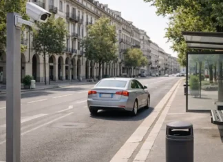 Штрафы за выброс мусора из машины в Италии: камеры, лишение прав и что делать, если пришло уведомление Штраф за выброс мусора из машины в Италии - камера фиксирует номер авто городская сцена в Италии: участок дороги у остановки, видна камера наблюдения, на переднем плане автомобиль без брендов, акцент на тему контроля и чистоты