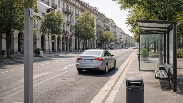 Штраф за выброс мусора из машины в Италии - камера фиксирует номер авто городская сцена в Италии: участок дороги у остановки, видна камера наблюдения, на переднем плане автомобиль без брендов, акцент на тему контроля и чистоты