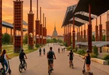 Турин. Вечная история обновления, которая удивляет заново Вечерний Турин. Металлические колонны Parco Dora и силуэт Моле Антонеллиана на горизонте Пространство Parco Dora с оранжевыми стойками бывших навесов, прогулочная зона, на горизонте городские крыши