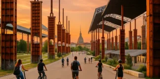 Турин. Вечная история обновления, которая удивляет заново Вечерний Турин. Металлические колонны Parco Dora и силуэт Моле Антонеллиана на горизонте Пространство Parco Dora с оранжевыми стойками бывших навесов, прогулочная зона, на горизонте городские крыши