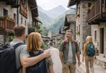 Каркофоро (Пьемонт): маленькая альпийская деревня, маршруты, виды и идеи для переезда Каркофоро в Пьемонте - тихая альпийская деревня и прогулка по долине сцена в Альпах Пьемонта: деревянные дома, узкая улица, зелёные склоны и спокойная атмосфера