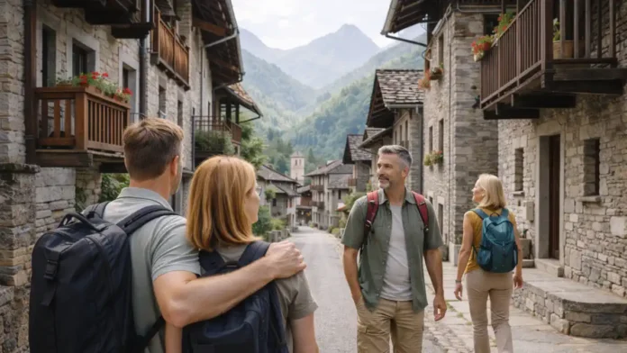 Каркофоро в Пьемонте - тихая альпийская деревня и прогулка по долине сцена в Альпах Пьемонта: деревянные дома, узкая улица, зелёные склоны и спокойная атмосфера