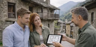 Дом за 1 евро в Пьемонте: есть ли варианты рядом с Турином и сколько это реально стоит Дом за 1 евро в Пьемонте рядом с Турином - старый дом и план ремонт Пьемонт, горная коммуна, старый каменный дом до ремонта, рядом пара 30-45 лет и специалист по недвижимости 35-45 лет обсуждают план работ и смету на планшете и бумажных чертежах, спокойная атмосфера, естественный дневной свет