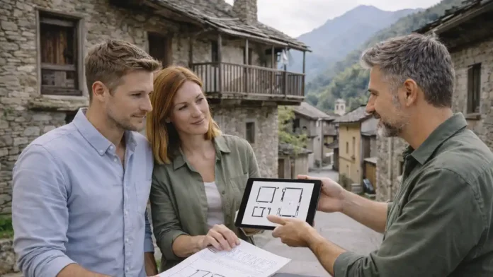 dom-za-1-evro-piemont-turin Дом за 1 евро в Пьемонте рядом с Турином - старый дом и план ремонт Пьемонт, горная коммуна, старый каменный дом до ремонта, рядом пара 30-45 лет и специалист по недвижимости 35-45 лет обсуждают план работ и смету на планшете и бумажных чертежах, спокойная атмосфера, естественный дневной свет