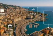 Где жить в Генуе: районы для семей, студентов и инвестиций в аренду Вид на Геную с высоты, разные кварталы, море, холмы, дома иллюстрация сравнения районов