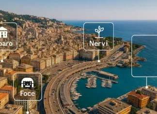 Где жить в Генуе: районы для семей, студентов и инвестиций Вид на Геную с высоты, разные кварталы, море, холмы, дома иллюстрация сравнения районов