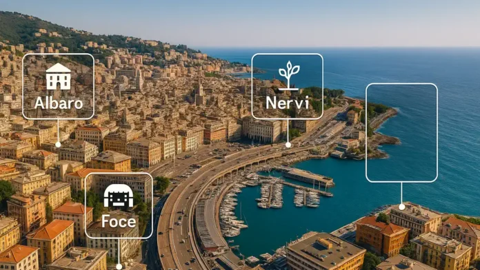 genua-rayony-semey-studentov-investicii Вид на Геную с высоты, разные кварталы, море, холмы, дома иллюстрация сравнения районов