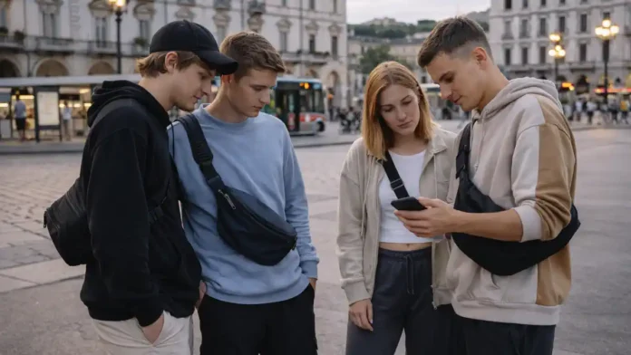 Maranza в Италии: городской молодёжный феномен и уличный стиль Современная городская сцена в Италии вечером: группа подростков/молодёжи в спортивной уличной одежде рядом с площадью