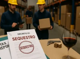 Рабочие в форме на складе, рядом документы с печатью «Sequestro», атмосфера расследования