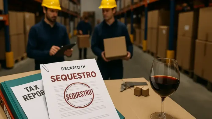 rabochie-turin-shema Рабочие в форме на складе, рядом документы с печатью «Sequestro», атмосфера расследования