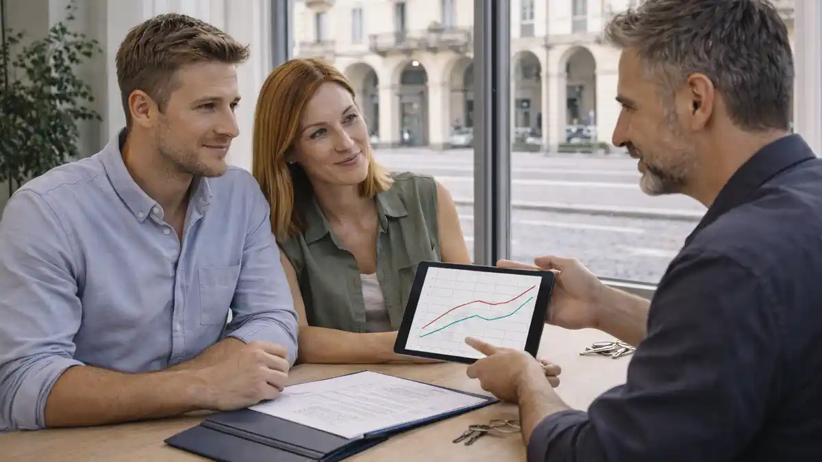 Рынок недвижимости Турина 2025: выбор квартиры под аренду и инвестиции сцена в Турине: покупатель и агент смотрят план квартиры и расчёт аренды на нейтральных документах, на фоне городских аркад и жилого квартала