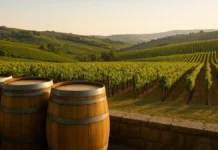 Виноградники Италии 2025: страна снова лидер мирового винного рынка Панорама итальянских виноградников и бочек, акцент на урожай 2025