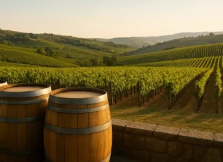 Виноградники Италии 2025: страна снова лидер мирового винного рынка Панорама итальянских виноградников и бочек, акцент на урожай 2025