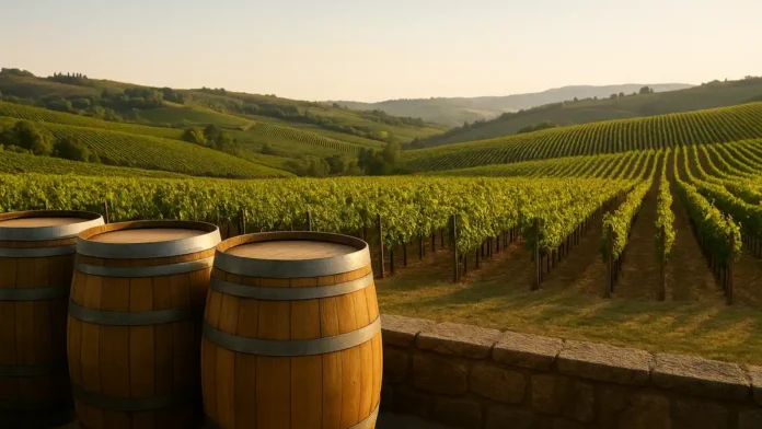 vendemmia-italia-2025 Панорама итальянских виноградников и бочек, акцент на урожай 2025