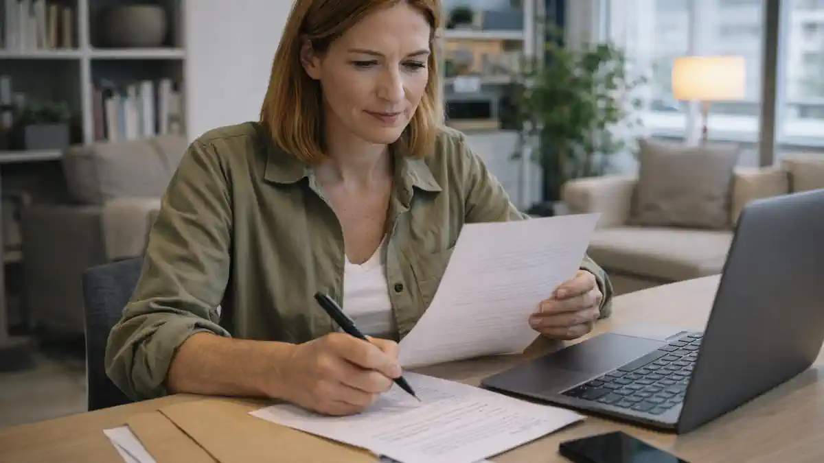 Арест имущества и счета в Италии: письмо о долге и 40 дней на возражение, Турин Сцена в современном итальянском интерьере: человек 30–45 лет рассматривает официальное письмо и документы на столе, рядом ноутбук и телефон без логотипов, на фоне вид на город