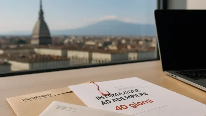 arest-imushchestva-turin-40-dney Арест имущества в Италии 40 дней на оппозицию в Турине Реалистичное редакционное фото Турина с письмом «Intimazione ad adempiere» и акцентом на 40 дней до ареста имущества