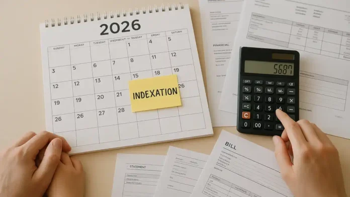 Детское пособие в Италии 2026 индексация и новые суммы Спокойный семейный интерьер, стол с документами и календарём 2026, акцент на заметке «индексация», нейтральные тона, без логотипов