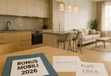 Бонус на мебель в Италии 2026: продление 50 процентов и правила без ошибок Bonus Mobili 2026 в Италии как получить 50 процентов вычета Светлая кухня-гостиная после ремонта, на столе папка «Bonus Mobili 2026», рядом счёт-фактура и чек-лист платежей