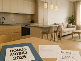Bonus Mobili 2026 в Италии как получить 50 процентов вычета Светлая кухня-гостиная после ремонта, на столе папка «Bonus Mobili 2026», рядом счёт-фактура и чек-лист платежей