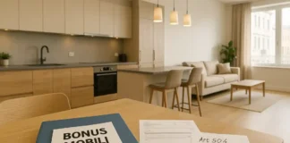 Бонус на мебель в Италии 2026: продление 50 процентов и правила без ошибок Bonus Mobili 2026 в Италии как получить 50 процентов вычета Светлая кухня-гостиная после ремонта, на столе папка «Bonus Mobili 2026», рядом счёт-фактура и чек-лист платежей