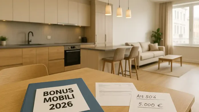 Bonus Mobili 2026 в Италии как получить 50 процентов вычета Светлая кухня-гостиная после ремонта, на столе папка «Bonus Mobili 2026», рядом счёт-фактура и чек-лист платежей