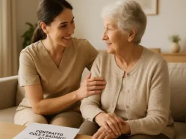 Новый контракт колф и бадант в Италии рост зарплат и новые права Светлая редакционная фотография сиделка и пожилая женщина у окна, документы и чашка кофе, символ заботы и обновления трудового контракта