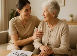 👩🦰 Домработницы и сиделкит в Италии: с 1 ноября 2025 года новые контракты зарплаты растут, а расходы для семей увеличатся на 230 € в месяц Новый контракт колф и бадант в Италии рост зарплат и новые права Светлая редакционная фотография сиделка и пожилая женщина у окна, документы и чашка кофе, символ заботы и обновления трудового контракта