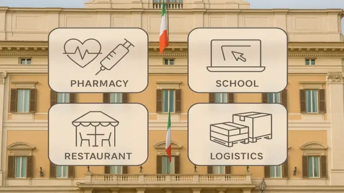 DDL Semplificazioni главные изменения для граждан и бизнеса Министерские здания Рима и пиктограммы «аптека, школа, терраса, паллеты» в современном редакционном стиле