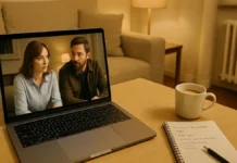 🎬 Как говорят в итальянском кино и почему это важно понять тем, кто живёт в Италии Итальянский в кино акценты и реальная речь кадр с ноутбуком, включён сериал, рядом тетрадь с итальянскими словами, мягкий