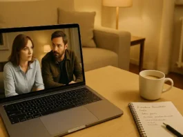 Итальянский в кино акценты и реальная речь кадр с ноутбуком, включён сериал, рядом тетрадь с итальянскими словами, мягкий