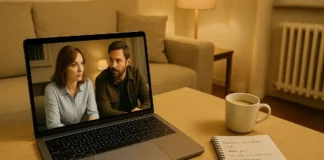 🎬 Как говорят в итальянском кино и почему это важно понять тем, кто живёт в Италии Итальянский в кино акценты и реальная речь кадр с ноутбуком, включён сериал, рядом тетрадь с итальянскими словами, мягкий