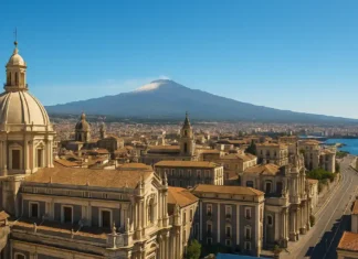Самый солнечный город Италии: где лето ощущается круглый год и почему это важно тем, кто чувствует погоду Катания самый солнечный город Италии по часам солнца Вид на Катанию у Ионического побережья с ярким небом и Этной на горизонте, городской барокко в солнечном свете